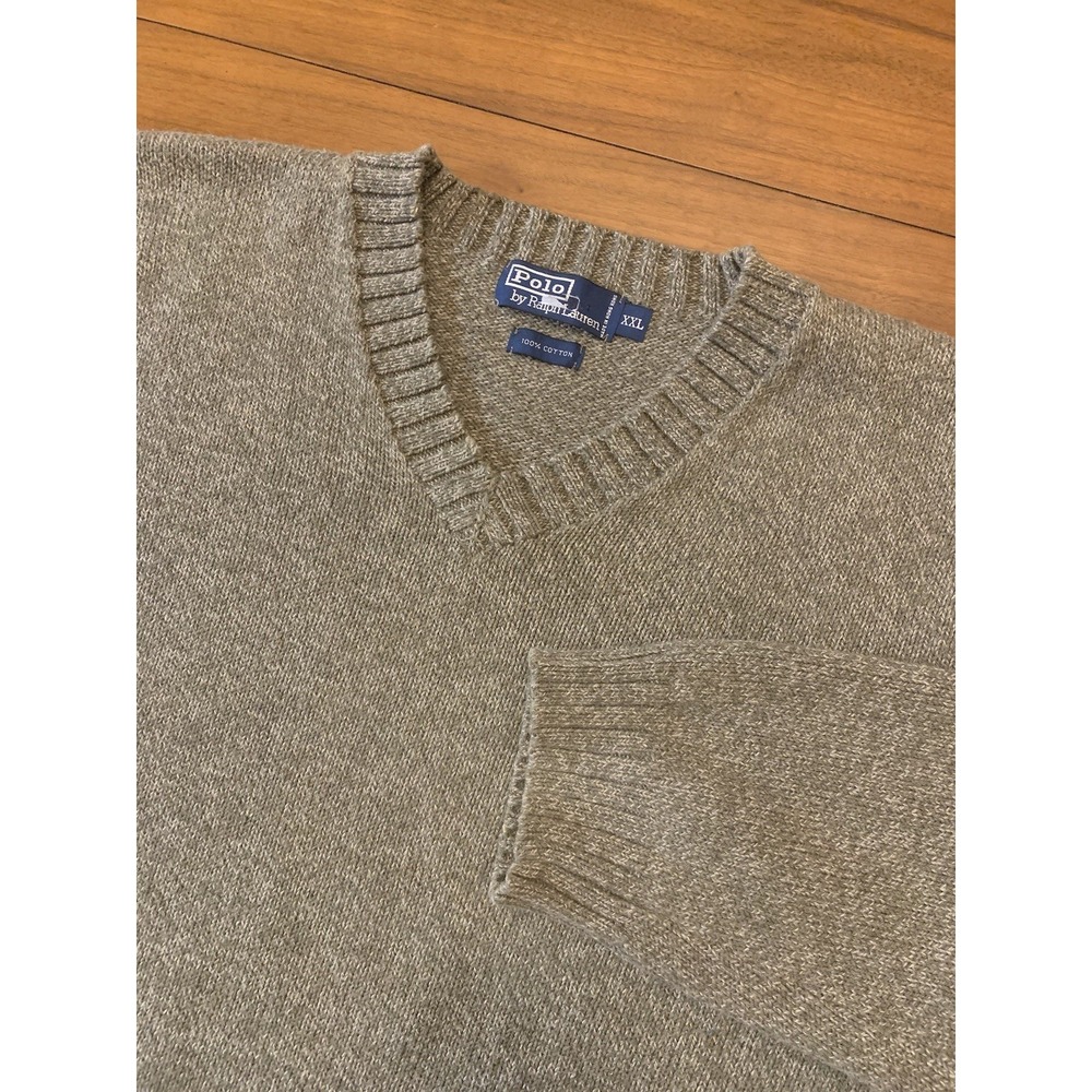Vintage Polo Ralph Lauren V Neck Sweater Mens 2XL Beige Knit Boxy Hong Kong